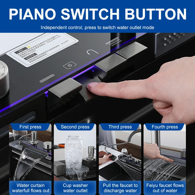 Light Emitting Diode Digital Nano Handmade Modern Single Slot Stainless Steel Waterfall Multifunctional Smart Kitchen Sink