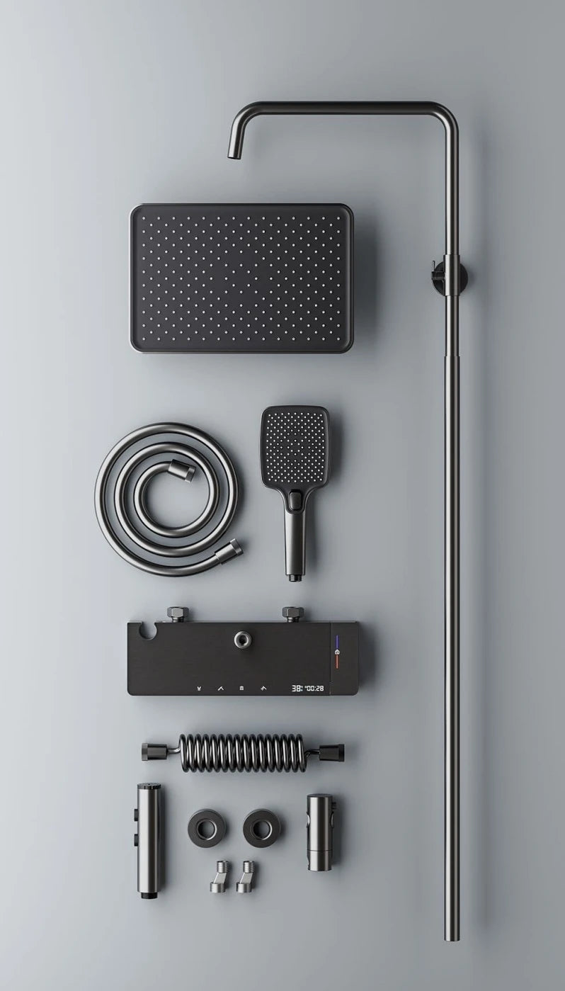 Gray Piano Button Ambient Light Bathroom Shower Full Set Digital Display Shower System Sets Rain Faucets Shower Head