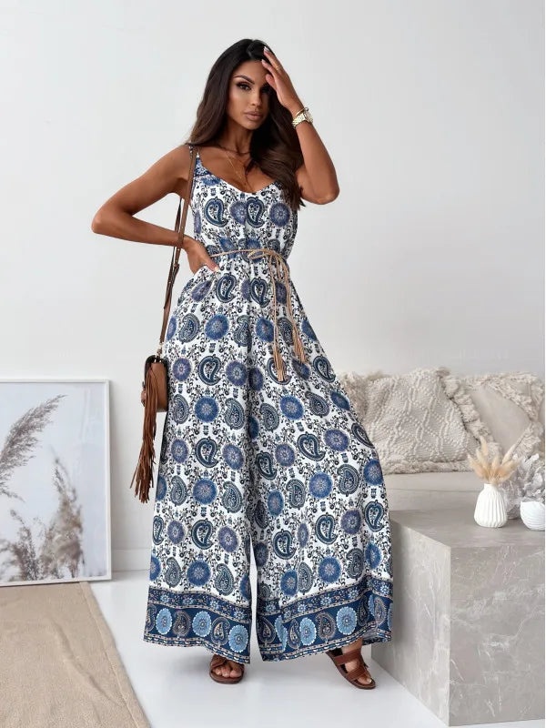 Elegan V-neck High Waist Jumpsuit Women's Fashion Pattern Print Loose Long Romper Causal Sleeveless Wide Leg Playsuit Women