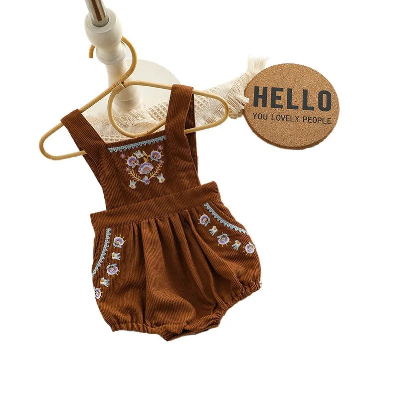 2025 Spring New in Kids Infant Cute Clothes Baby Cotton Solid Color Ruched Top Shirts + Embroidery Flower Bodysuits Newborn 2pcs