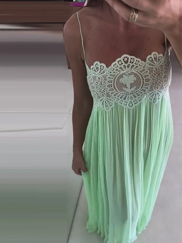 Lace Patchwork Pleated Slip Long Dress Women Sexy Spaghetti Strap Sleeveless Backless Loose Evening Dresses Chic Ladies Vestidos