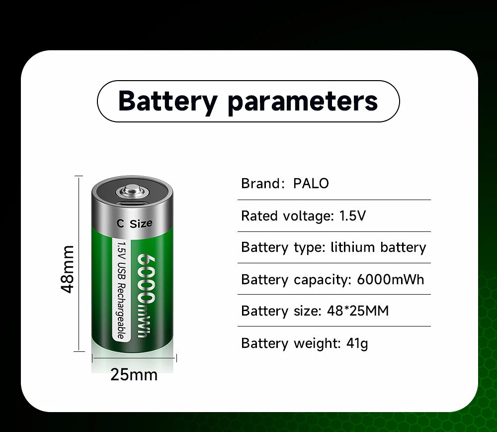 Palo 1.5V Lithium Rechargeable Battery R14 LR14 USB Charging  C Size Li-ion Battery For Water Heater Gas Stove Radio Shaver