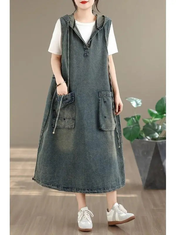 Original Denim Suspender Dres for Women Summer Fashion Vintage Big Pocket Mid-long Frocks Female Hip Hop Baggy Streetwear
