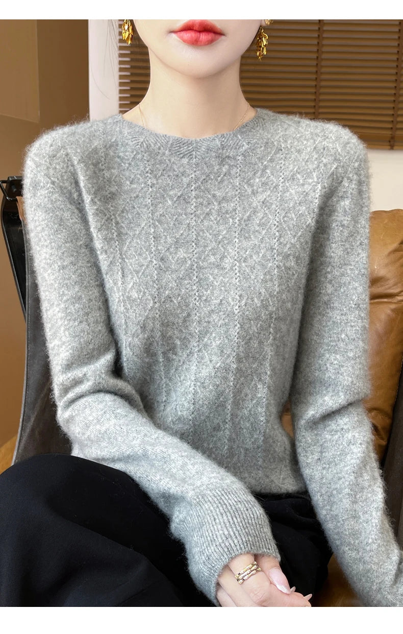 Fall/Winter 2024 New Women's Sweater 100% Pure Wool Lotus Collar Solid Color Loose Knitted Cashmere Pullover