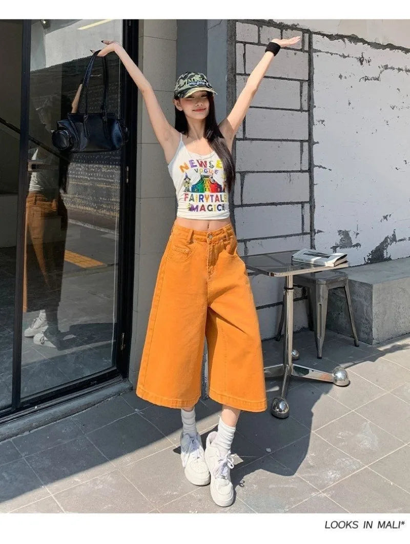 Retro High Waist Wide-leg Jeans Women Summer New Fashion Loose Straight Calf-Length Denim Pants Female Orange Whiter Cowboy Pant