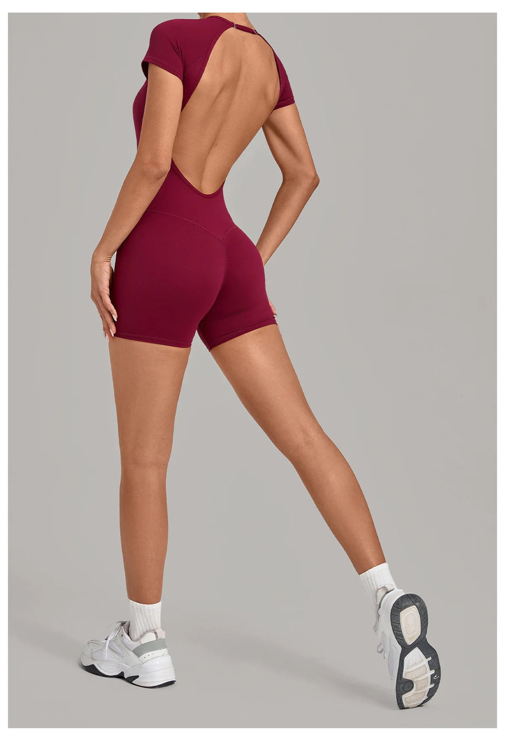 Women Short Sleeve Open Back Yoga Bodysuit Squat Proof Short Jumpsuit Gym Pilates Running Workout Fitness Sport Activewear