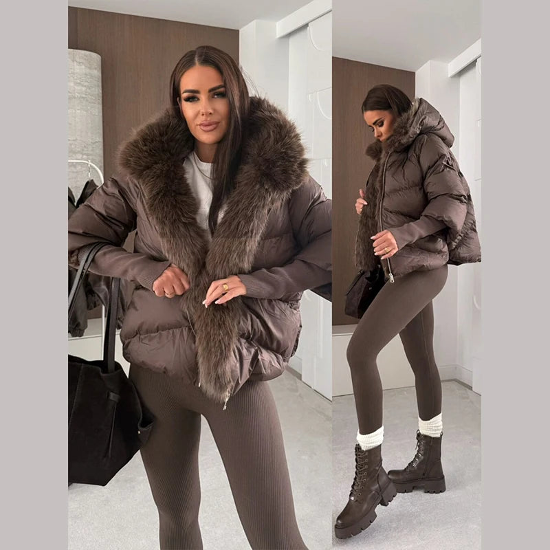 Fashion Women's Faux Fur Hooded Winter Jackets 2025 Warm Patchwork Zipper Full Sleeve Coats Puffer Female Solid Down Jacket