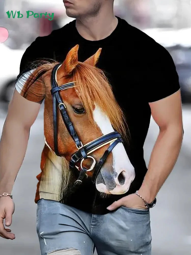 New Horse T-Shirts for Men Summer Outdoor Men Short Sleeve Animal Print Breathable Men's Clothing Fashion Round Neck Men's Tops