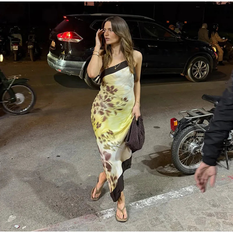 Yellow Brown Tie-Dye Midi Dress Print Halter Neck Open Back Asymmetric Hem Chiffon Dresses 2026 Party Women Fashion Chic Outfit