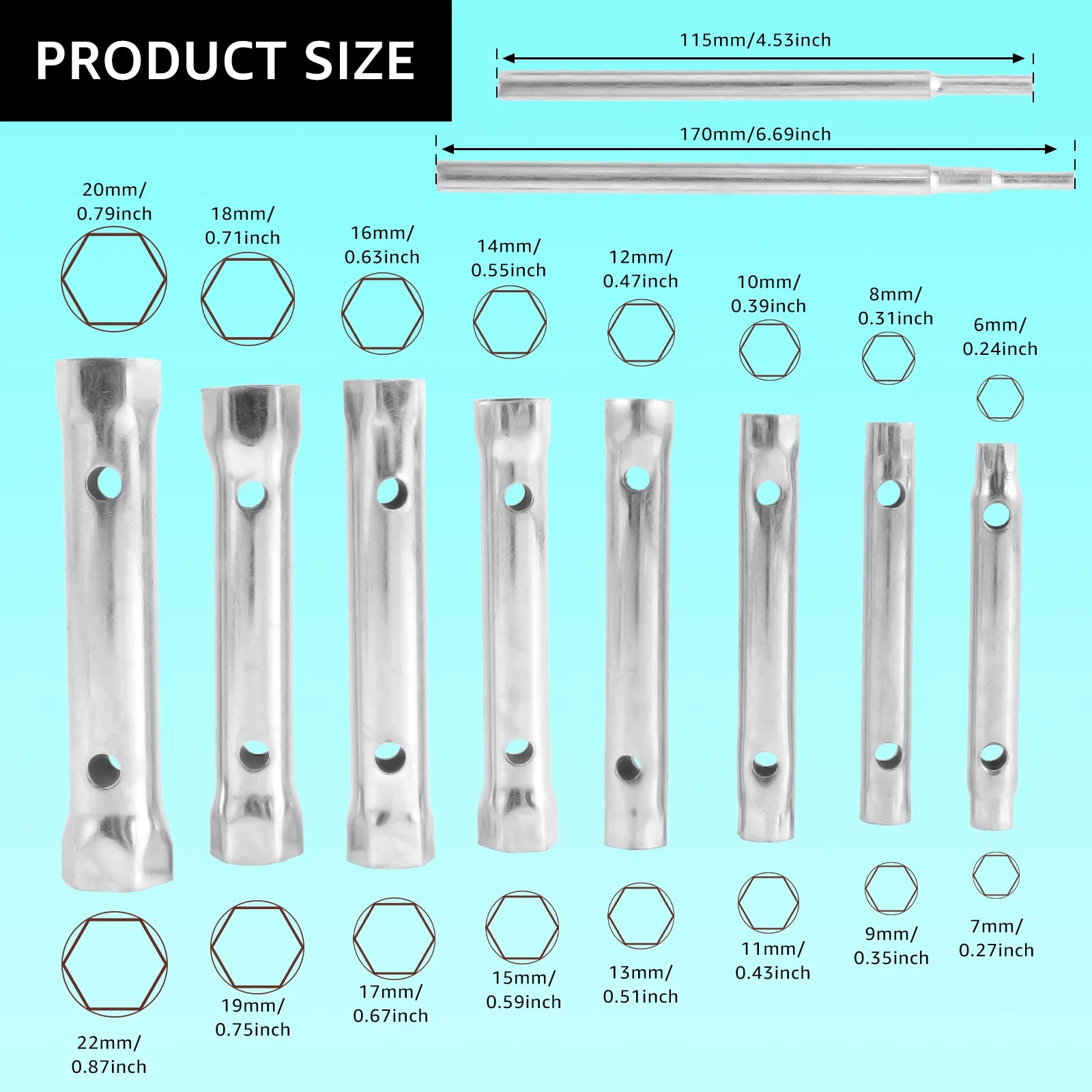 10Pcs Metric Tubular Box Wrench Set 6-22mm Spark Plug Carbon Steel Double Ended Wrench Automotive Plumb Repair Wrench Tools