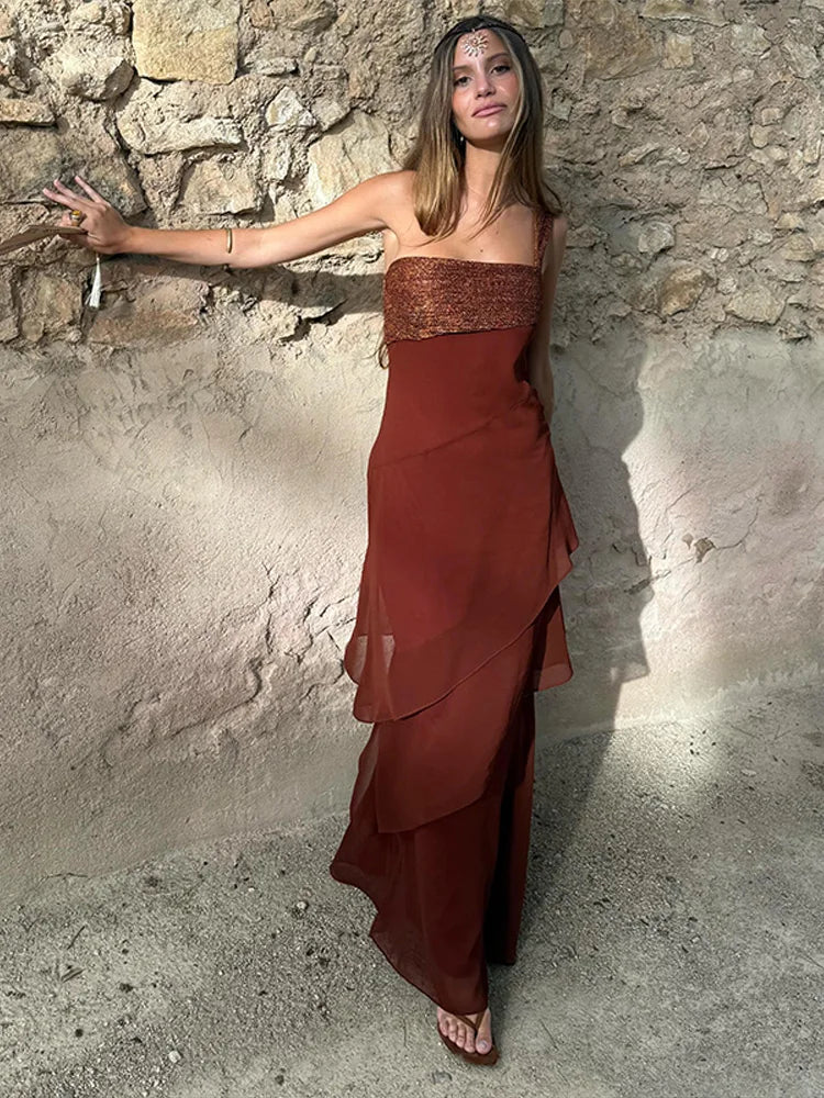 Elegant Patchwork Women's Dress Sleeveless Cascading Ruffle Skew-Collar Lady Long Dresses 2026 Summer Chic Female Vacation Robe