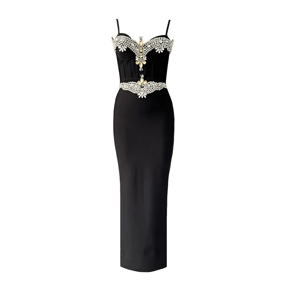 2025 Summer New Women Bandage Dress Sexy Spaghetti Strap Beading Clothes Club Party Maxi Dresses
