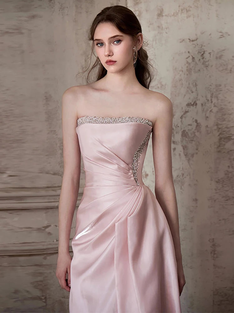 DEAT Fashion Pink Patchwork Sequined Strapless Dress Women's Slim Fit Waist Contraction Flods Floor-length Dresses New  7A2987