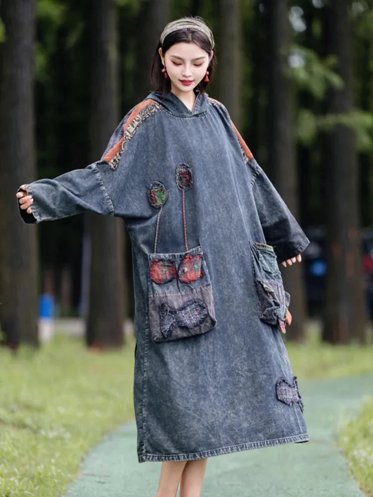 Amax LuluE 2026 Spring Ladies British Vintage Oversized Denim Dress Fashion Classic Hooded Clothes Women Punk Patchwork Vestidos