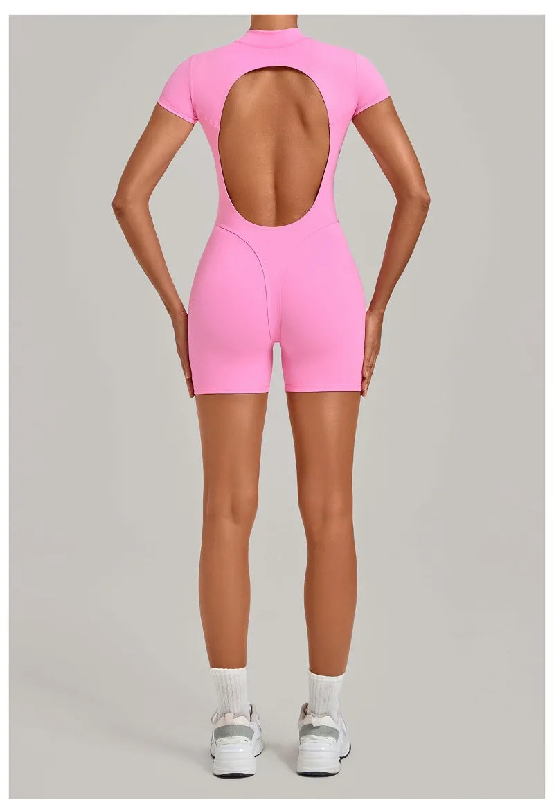 Women's Seamless Yoga Jumpsuits Sports Fitness Hip-lifting Short-sleeved Backless Training Workout Gym Shorts One-piece