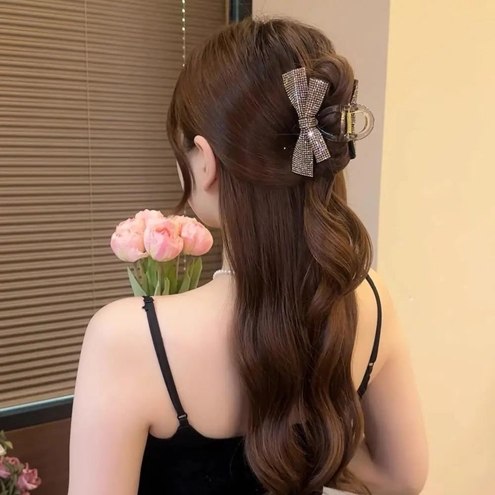 New Bow Hair Clip Simple Elegant Romantic Full Diamond Bow 8CM High Ponytail Shark Clip Hair Accessories Diamond Bow Headwear