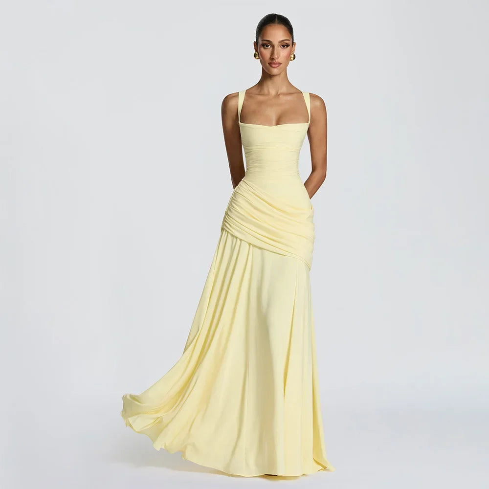 Elegant Solid Pleated Sling Dress Women Sexy Square Neck Sleeveless High Waist Slim Maxi Dresses 2026 Lady Party Evening Robe