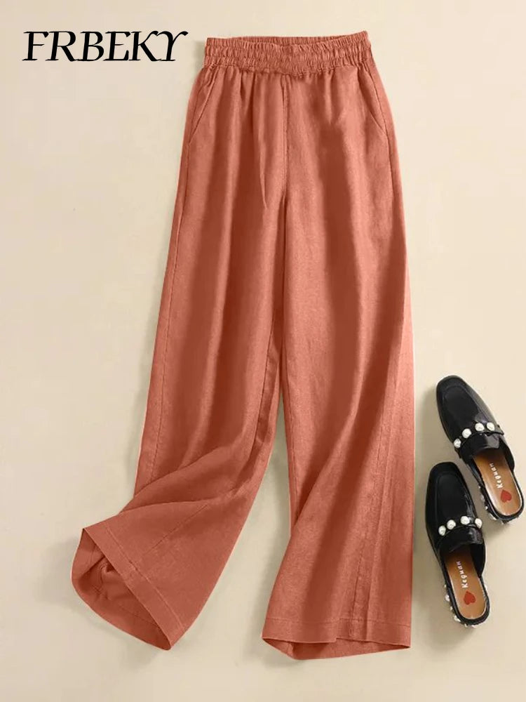 Women's Pants Summer Cotton Linen Wide-legged Elastic Waist Tie Casual Pants Loose Versatile High-waisted Straight Trousers