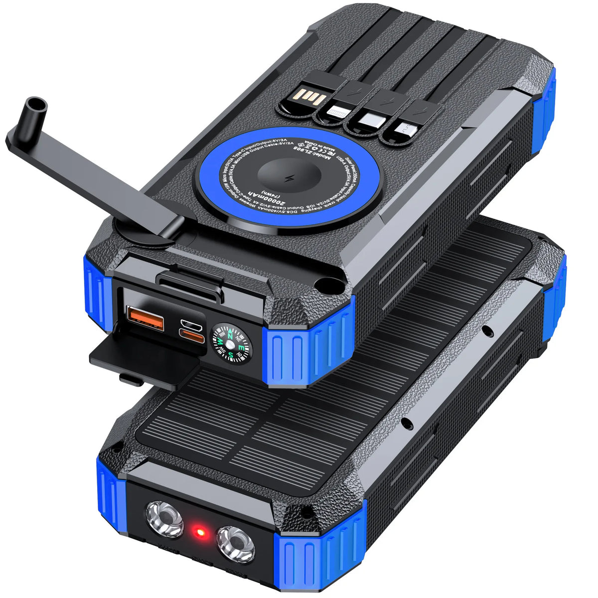 New 50000mAh Solar Power Bank Hand Crank Generator Portable Outdoor Emergency Charger with 4 Built-in Cables Dual LED Flashlight