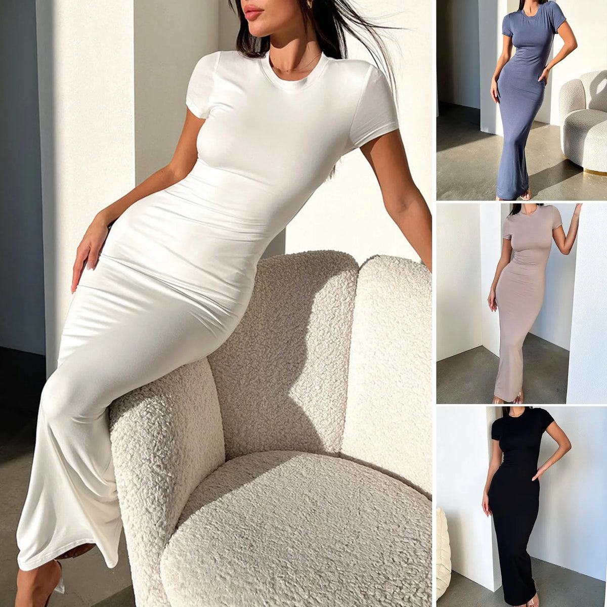 Sexy Skinny Women's Bodycon Party Dress Fashion O-neck Short Sleeve Solid Color Wraped Hip Package Long Dress Female Sexy Dress