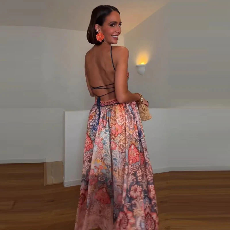 Sexy Halter Printed Women's Dress Sleeveless Backless Waist-Exposed A-Line Lady Dresses 2026 Summer Chic Female Vacation Robe