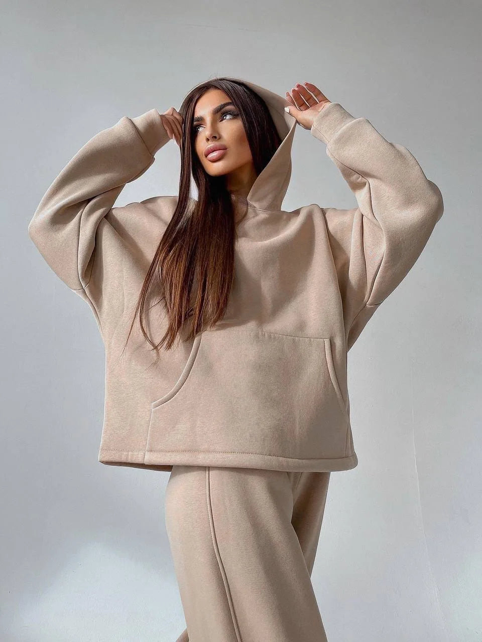Woman's Solid Color Hooded Sweatshirt Pant Two-piece Set Fashion Long Sleeves Pocket Pullovers Pants Suits Ladies Loose Outfit