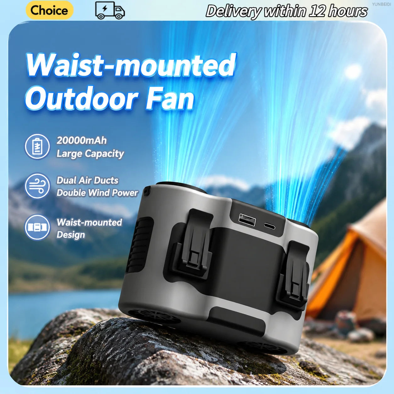 Portable Waist Clip Fan Mini USB Charging Hanging Fan with LED Flashlight Outdoor Single/dual Air Outlet Fan 20000/10000Mah F6/7
