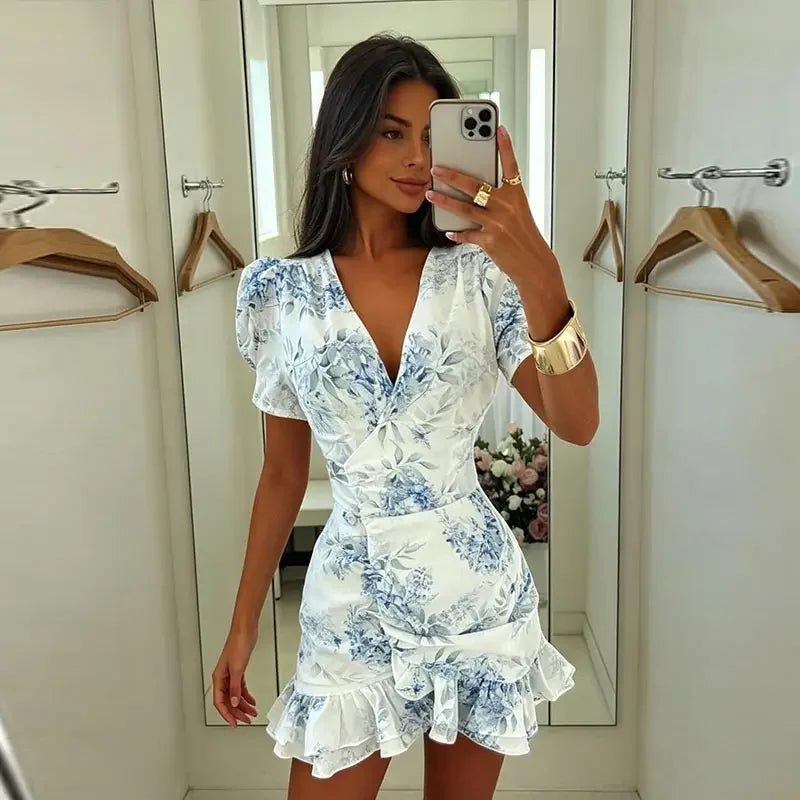 Floral Printed Wrap Mini Dress Ladies V Neck Bubble Sleeve Side Ruched Detail Tiered Ruffle Hem  Vacation Cocktail Party Outfit