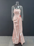 DEAT Fashion Pink Patchwork Sequined Strapless Dress Women's Slim Fit Waist Contraction Flods Floor-length Dresses New  7A2987