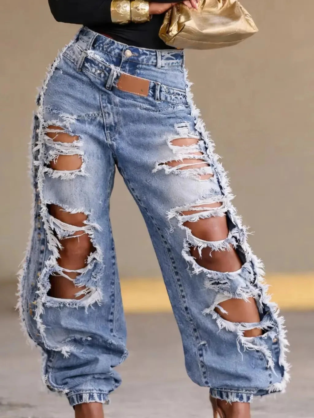 2026 New Summer Women's Washed Ripped Jeans Loose Straight Leg Drawstring Ankle Tied Casual Denim Pants For Daily