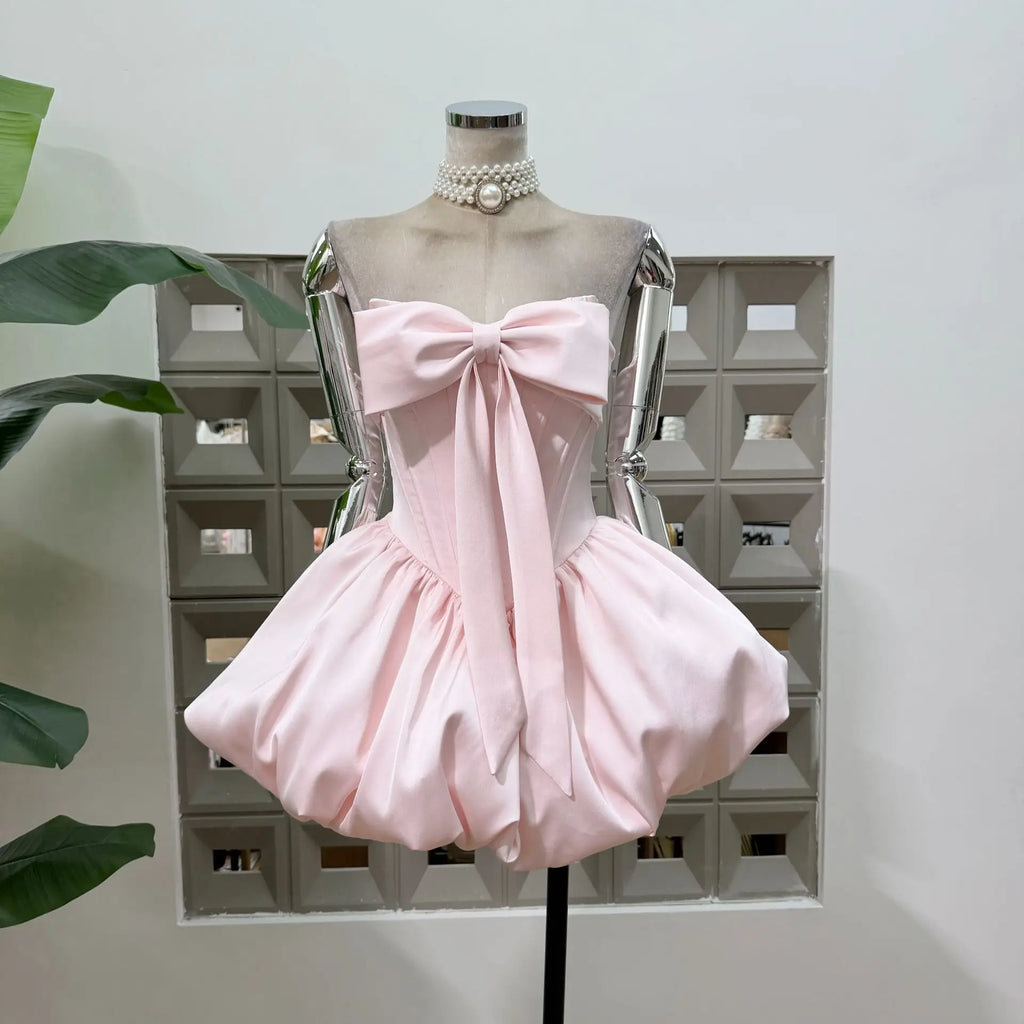 Women Sexy Strapless Bow Corset Mini Dress With Shorts Birthday Party Homecoming Prom Ball Elegant Ruffle A Line Evening Dresses