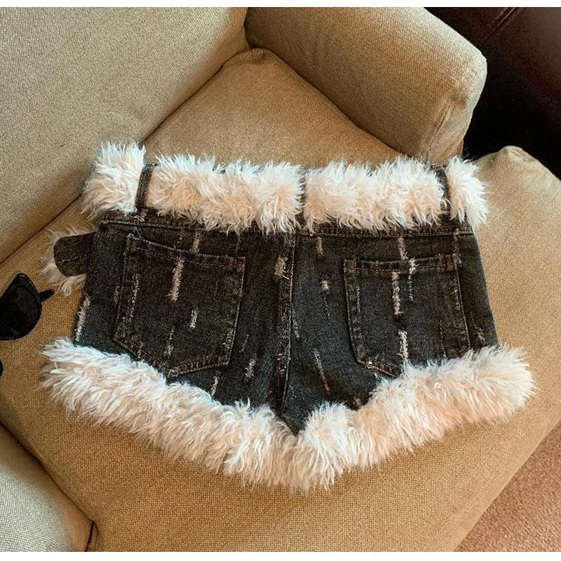 Belt Furry Denim Shorts Women 2024 New Fashion Loose Casual Pocket Sexy Shorts Denim Shorts Female Short Pants Zipper Jeans