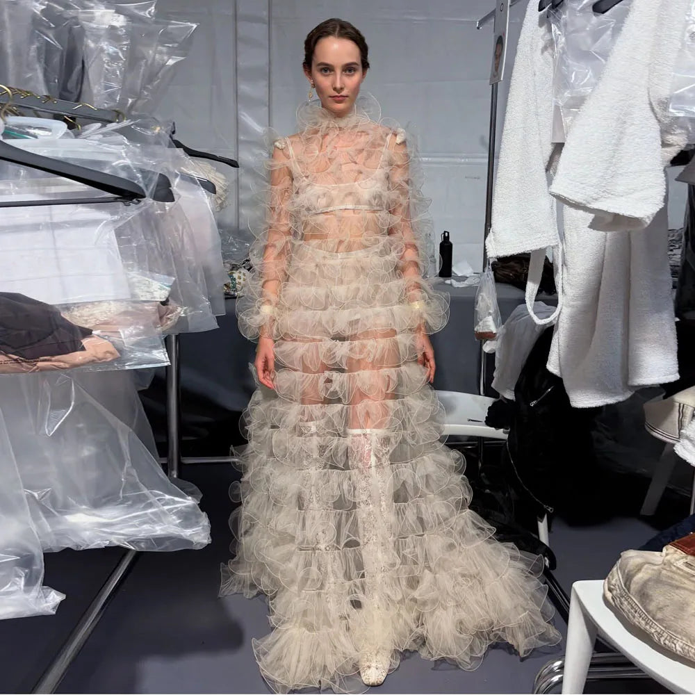 New Arrival See Thru Ruffles Trimmed Long Formal Dresses High Collar Full Sleeves Illusion Women Dress To Photoshoots  Costumes
