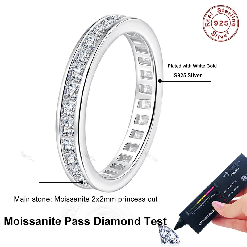 NeeTim Full Princess Cut Moissanite Ring for Women 925 Sterling Silver Sparkling Engagement Wedding Rings Fine Jewelry Bands