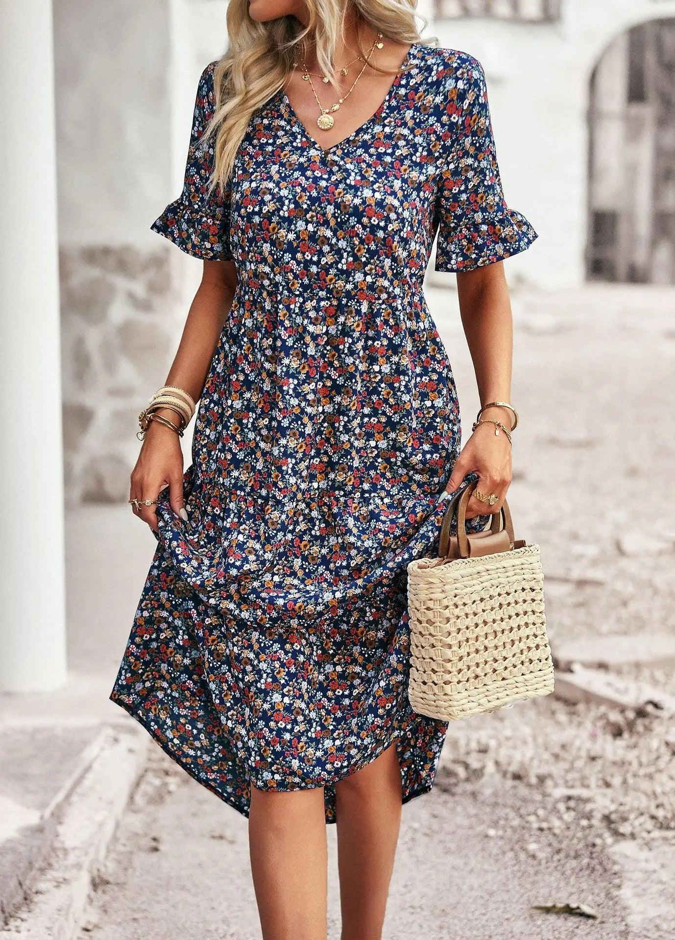 Msfilia Fashion V Neck Elegant Printed Dress Women Summer Short Sleeve High Waist A Line Floral Holiday Dresses