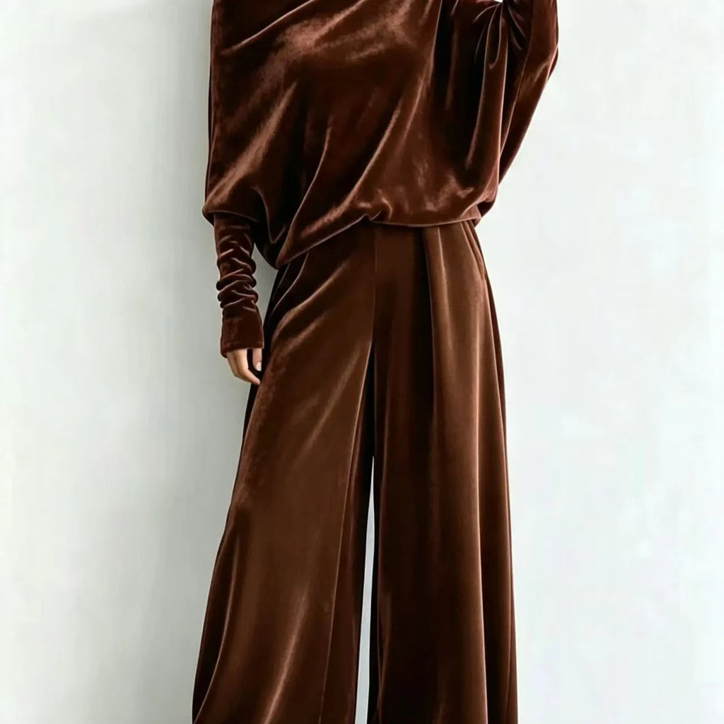 Women's Suit Two Piece Pants Set One Shoulder Batwing Sleeve Velvet Wide Leg Trousers Loose Fit Autumn Winter Tracksuit
