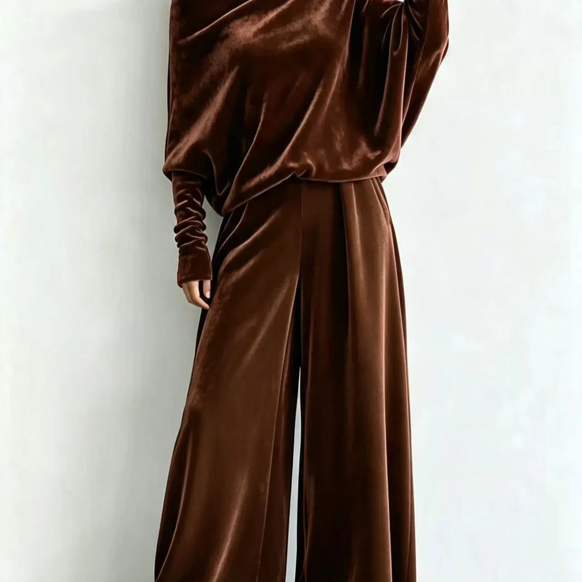 Women's Suit Two Piece Pants Set One Shoulder Batwing Sleeve Velvet Wide Leg Trousers Loose Fit Autumn Winter Tracksuit