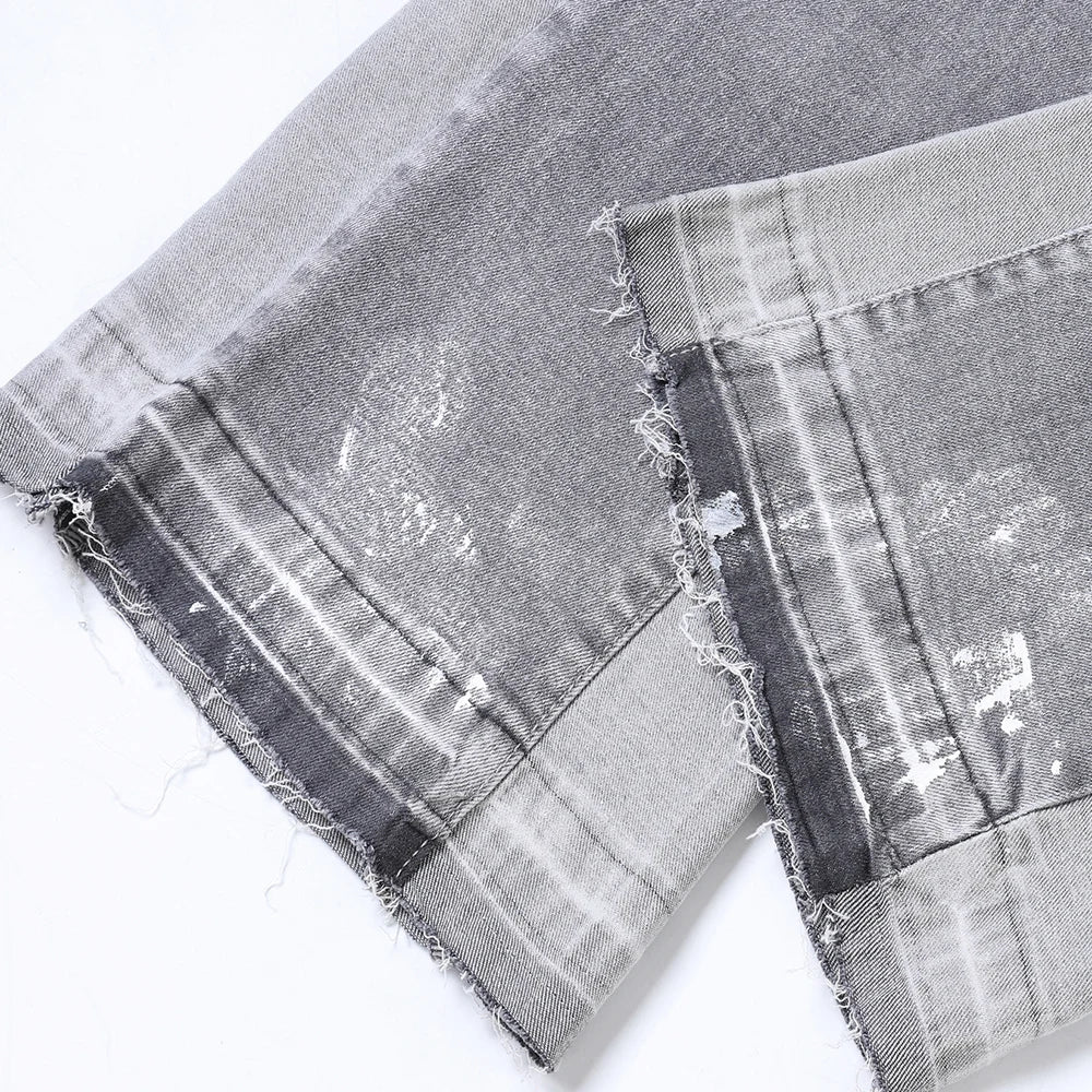 Men Painted Flared Denim Jeans Spliced Slim Boot Cut Pants Vintage Grey Cotton Released Hem Trousers