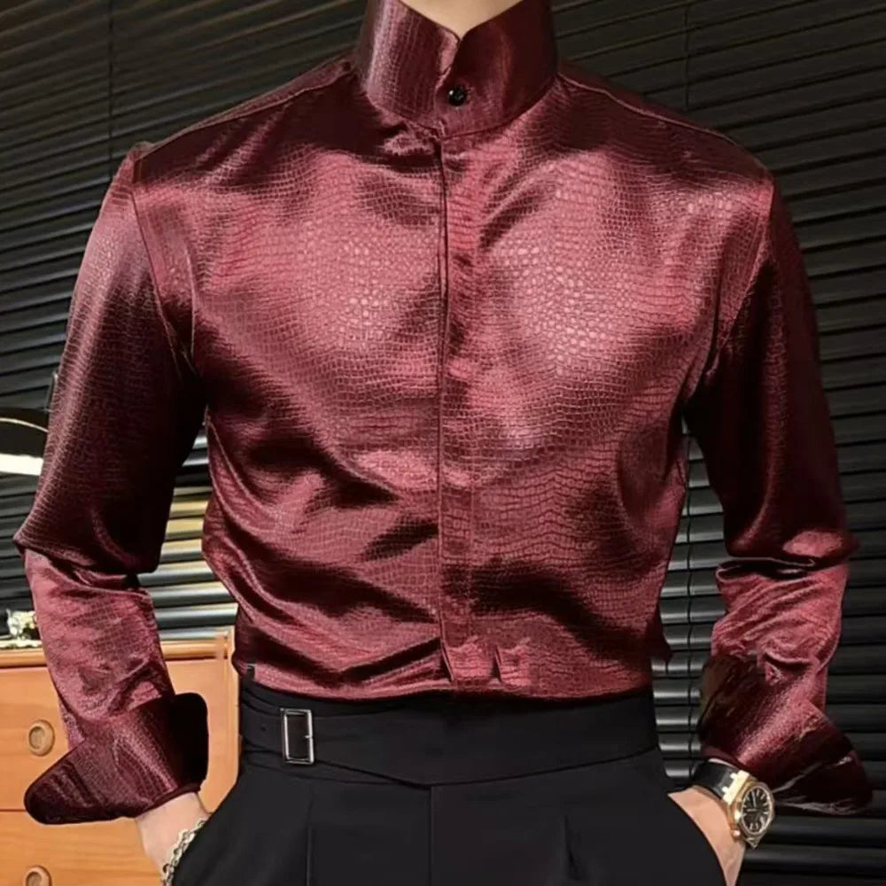 Stand Collar Men Shirt Office Long Sleeve Shirt Streetwear Leopard Print Shirt Social Business Shirt Men Camisa Social Masculina