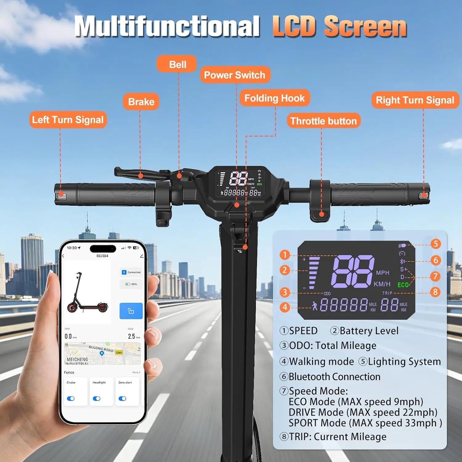 1200W Off-Road Electric Scooter for Adults 48V Long Range 30mph Fast Speed 10'' Pneumatic Tire Foldable Dual Suspensions Scooter