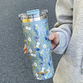 1pc Lightweight Luxury Floral Stainless Steel Thermos Flask 900ML Large Capacity Outdoor Water Bottle with Straw and Handle