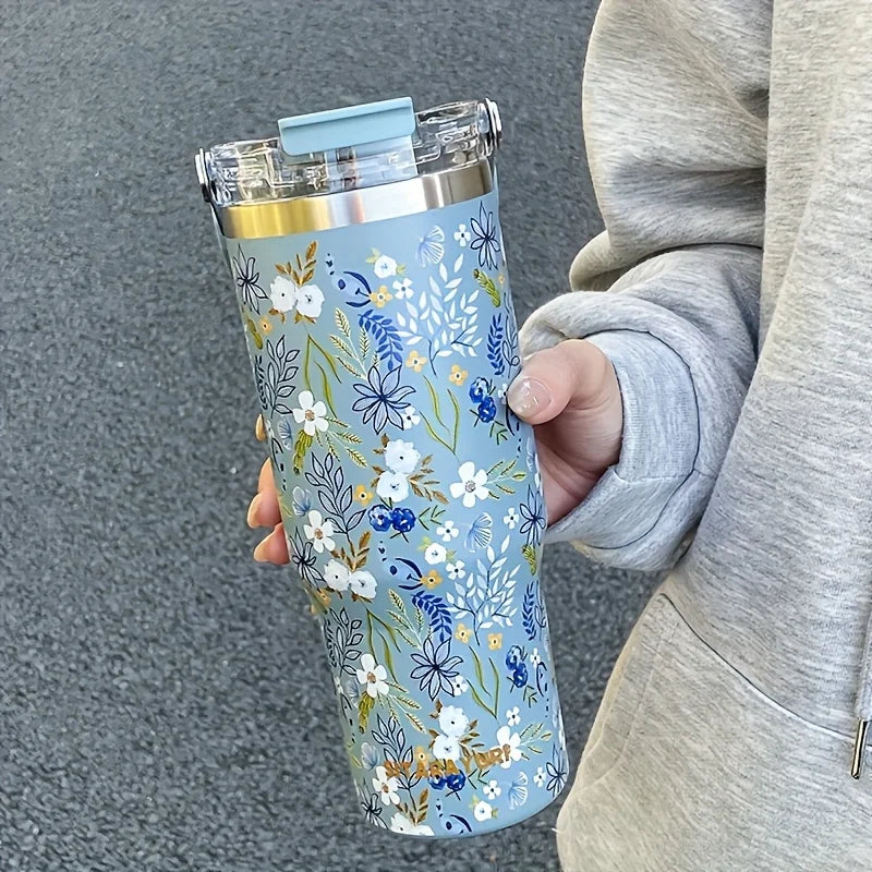 1pc Lightweight Luxury Floral Stainless Steel Thermos Flask 900ML Large Capacity Outdoor Water Bottle with Straw and Handle