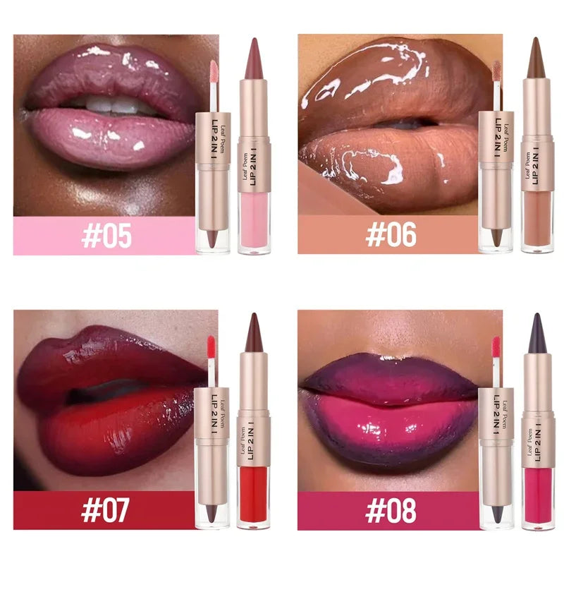 2IN1 Tapered Gradient Lipliner Pen Waterproof Black Brown Lip Liner Contour Pencil Makeup Double Head Mirror Glass Lip Gloss