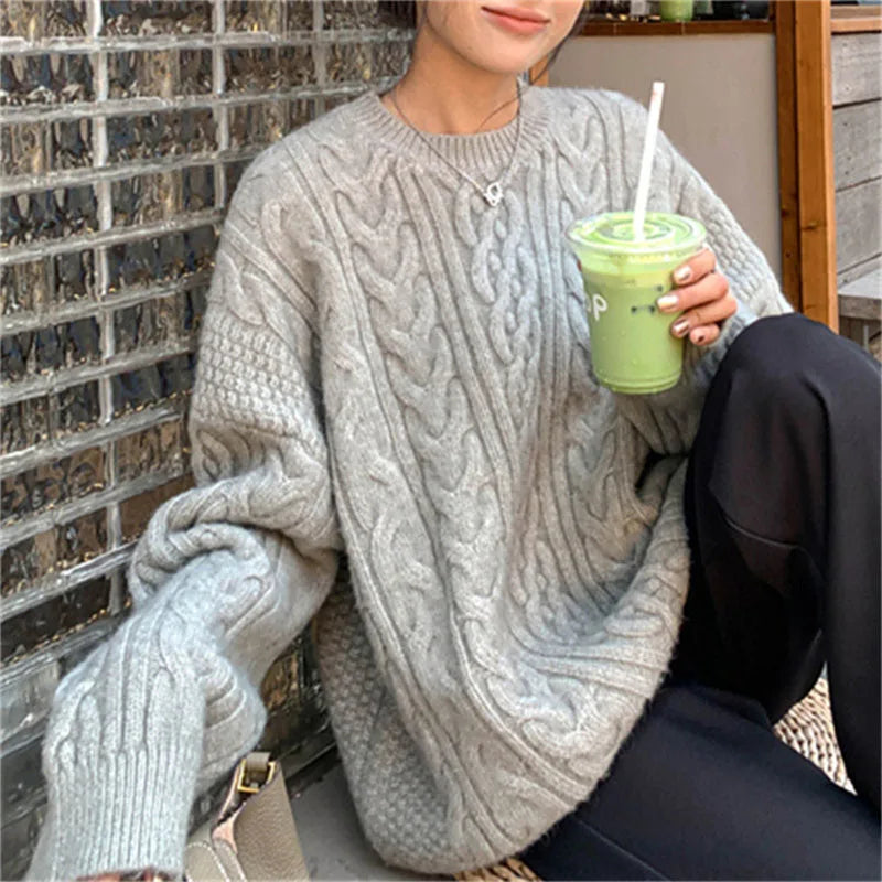 Autumn Winter Thicken Warm Pullover Sweater Women Vintage Loose Twist Knitted Jumper Woman All-Match O-Neck Long Sleeve Pullover