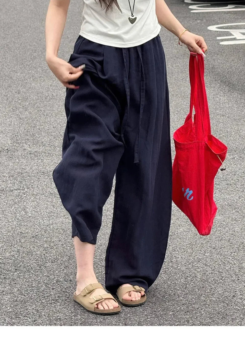 Loose Casual Cotton Linen Trousers Women Full Length Drawstring Women's Wide-leg Pants Summer Thin Linen Navy Blue Baggy Pants