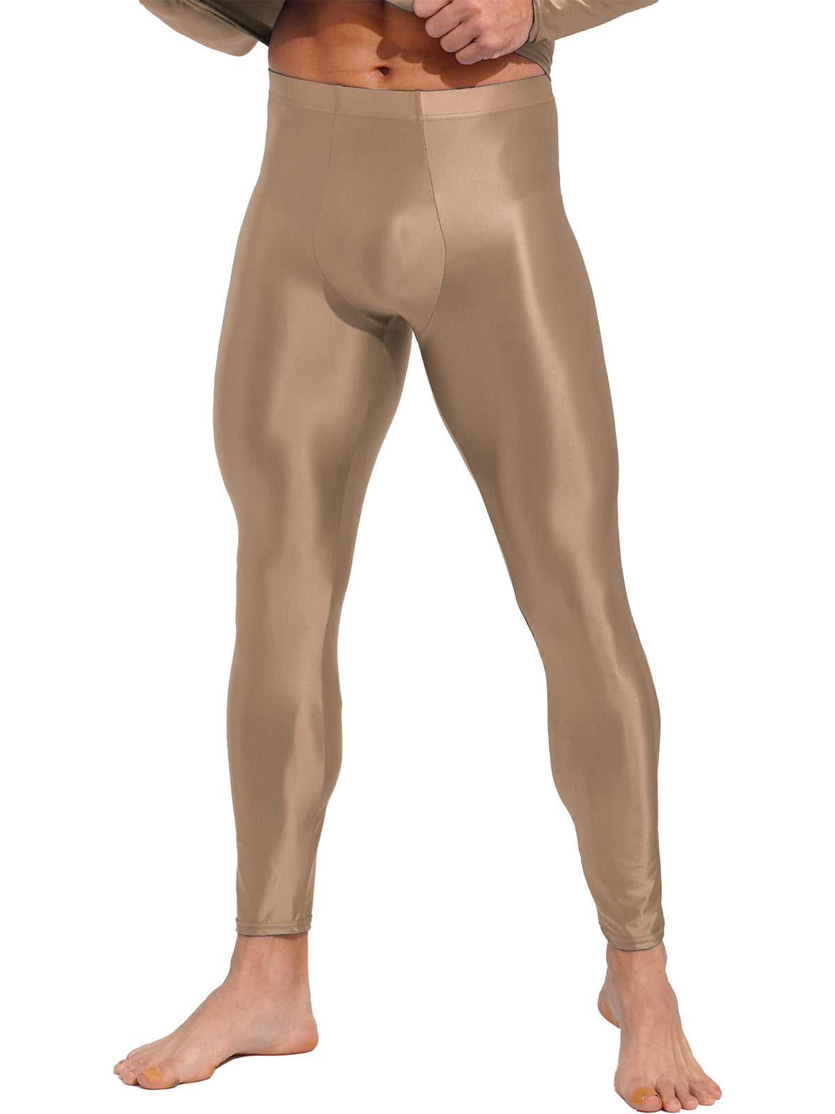 Men Elastic Waistband Skinny Shiny Yoga Tights Pants Solid Color Leggings Exercise Running Gym Fitness Training Sportswear