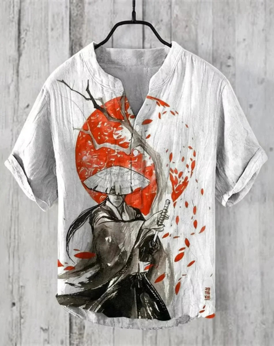 Hot sale Henry shirt 2025 summer men's casual short-sleeved T-shirt floral print top linen blend comfortable fabric XS-6XL size