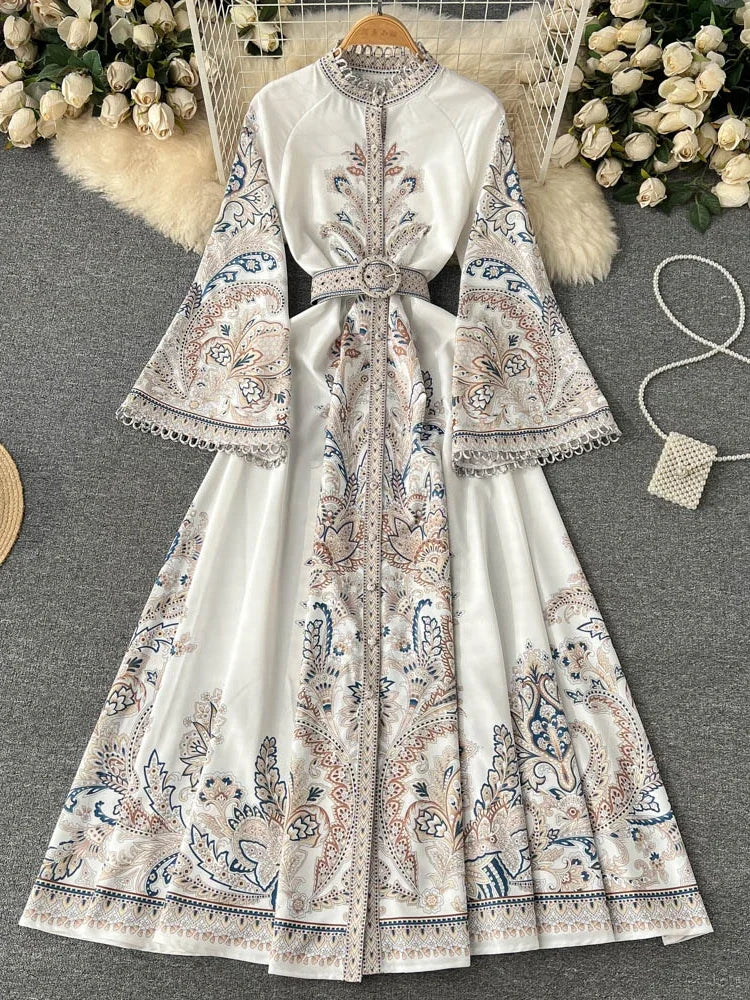 Spring Autumn Vintage Print Long Robe Women Round Neck Flare Sleeve Elegant Dresses Single Breasted Irregular Pleated Maxi Dress