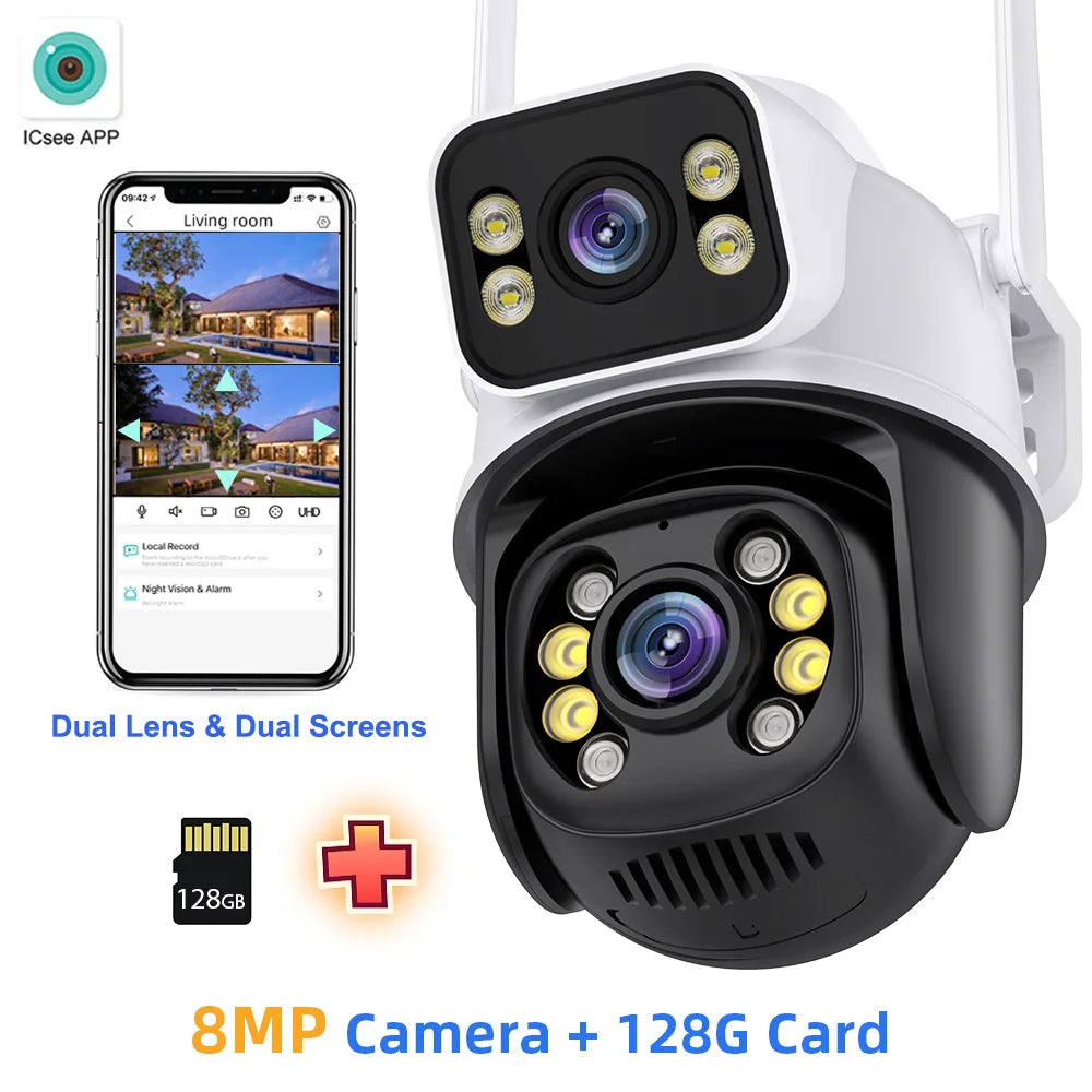 Wifi Surveillance Cameras 4K Waterproof Outdoor Wireless Security Camera Dual Lens Security-Protection ICsee IP Camera AI Track