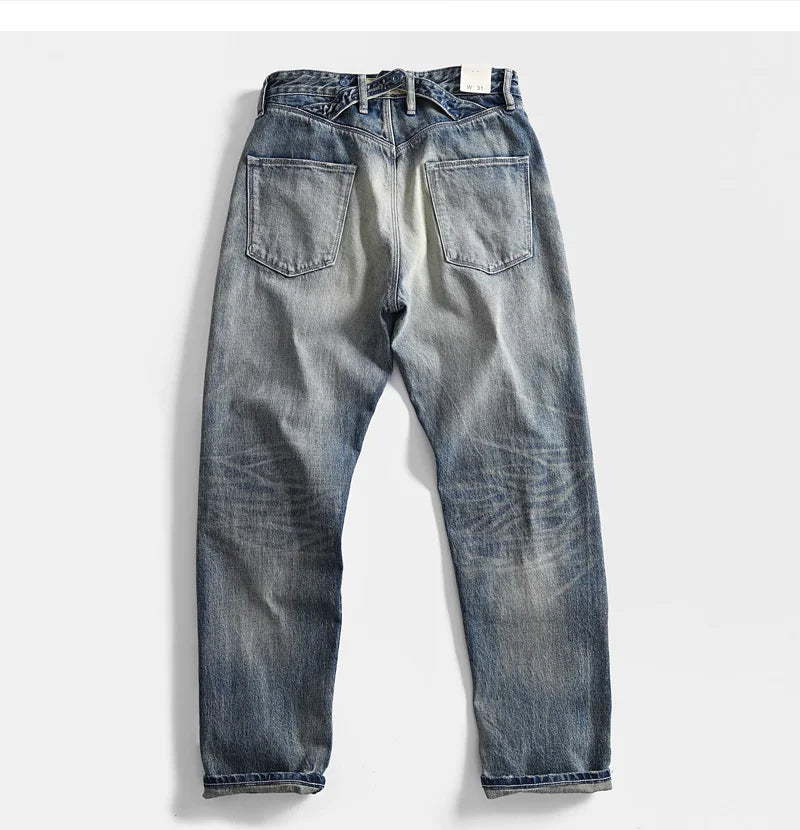 Heavyweight 100% Cotton Relaxed Straight Denim Jeans Vintage Washed & Distressed American Casual Pants for Men Amekaji Retro
